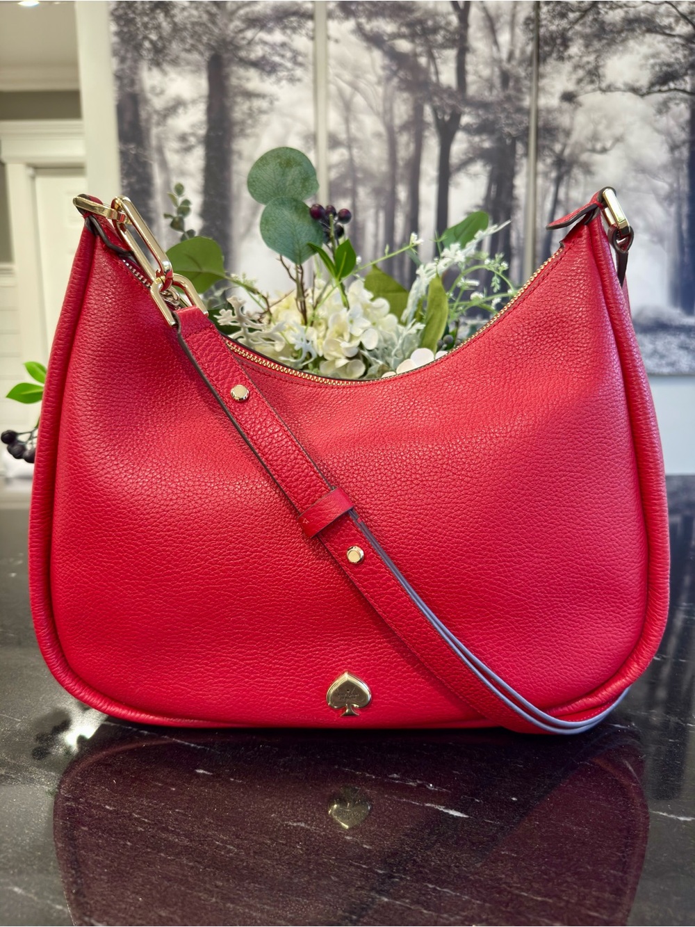 ❤️♠️Kate Spade Kayla Large Pebbled Leather Shoulder Bag Cherry Red